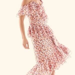 NWT AMUR Dylan Floral Ruffle Midi Dress Size 2 White/Red #1F457